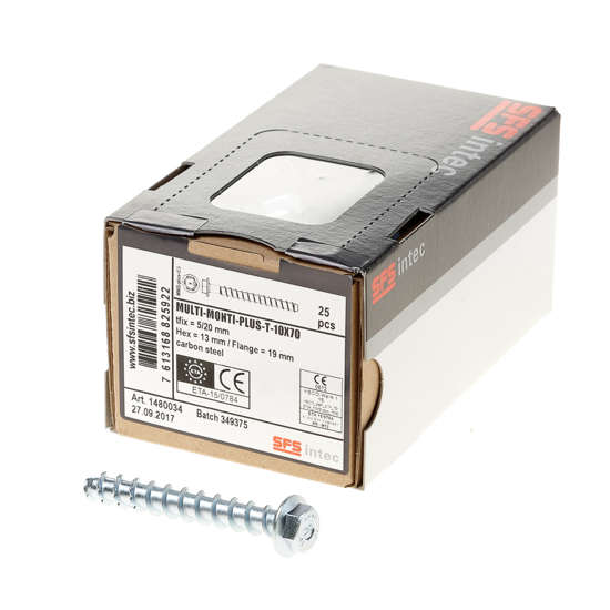Afbeeldingen van SFS Betonschroef 10x70mm Multi-Monti-plus, met zeskant kop en aangeperste ring, verzinkt