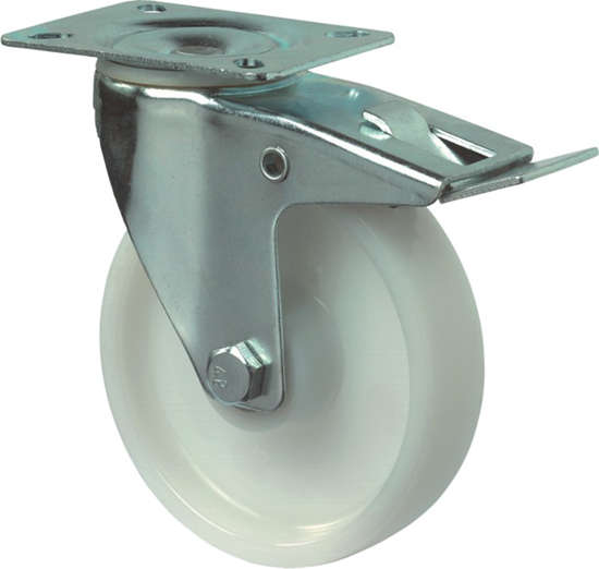 Afbeeldingen van Zwenkwiel polyamide wiel met rollager + rem, wit 125kg m/rem 80mm