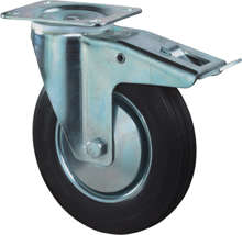 Afbeeldingen van Zwenkwiel, zwart rubber wiel met stalen velg en rollager + rem, 135kg m/rem 160mm