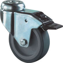 Afbeeldingen van Zwenkwiel met boutgat, grijs rubber wiel met glijlager + rem 40kg 50mm