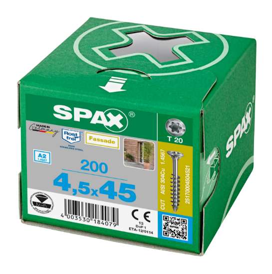 Afbeeldingen van Spax Spaanplaatschroef 4,5x45mm met boorpunt RVS T20 deeldraad (per 100 stuks)