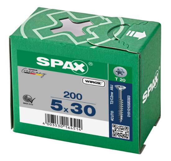 Afbeeldingen van Spax Spaanplaatschroef platverzonken kop 5.0x30mm verzinkt T-Star T20 deeldraad (per 200 stuks)