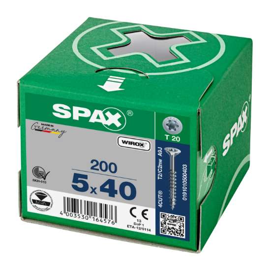 Afbeeldingen van Spax Spaanplaatschroef platverzonken kop 5.0x40mm verzinkt T-Star T20 deeldraad (per 200 stuks)