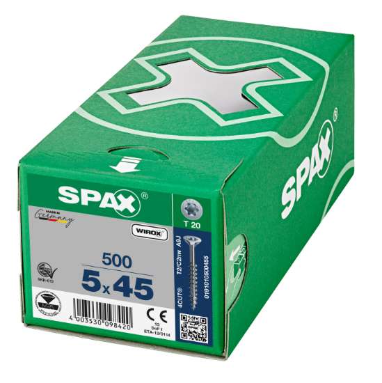 Afbeeldingen van Spax Spaanplaatschroef platverzonken kop 5.0x45mm verzinkt T-Star T20 deeldraad (per 200 stuks)