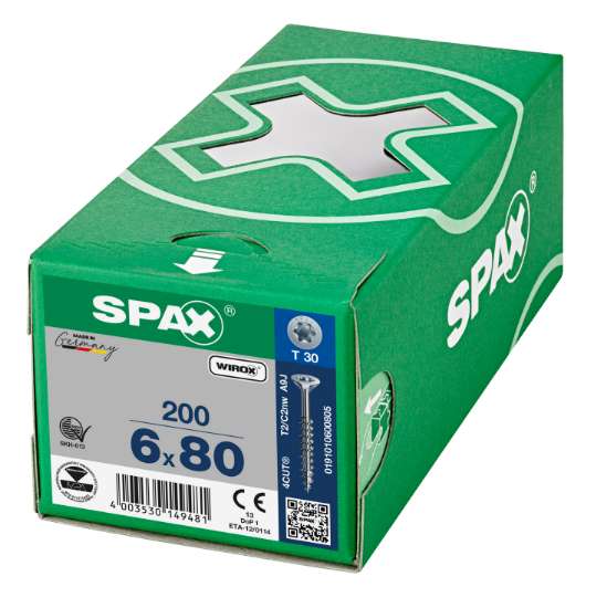 Afbeeldingen van Spax Spaanplaatschroef platverzonken 6.0x80mm kop verzinkt T-Star T30 deeldraad (per 200 stuks)