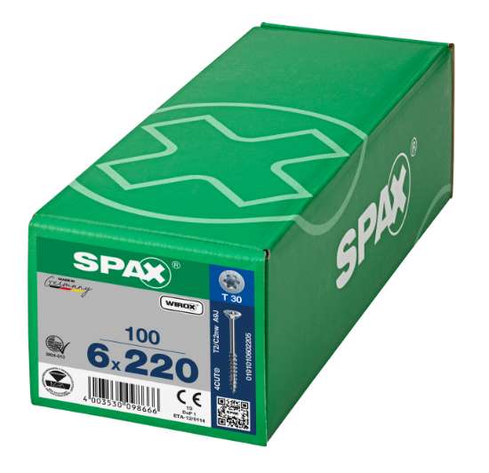 Afbeeldingen van Spax Spaanplaatschroef platverzonken kop 6.0 x 220mm verzinkt T-Star T30 deeldraad