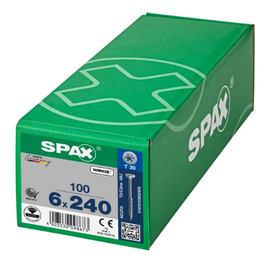 Afbeeldingen van Spax Spaanplaatschroef platverzonken kop 6.0 x 240mm verzinkt T-Star T30 deeldraad