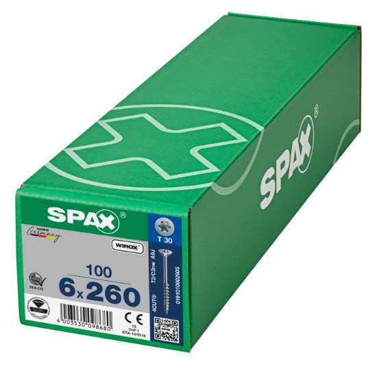 Afbeeldingen van Spax Spaanplaatschroef platverzonken kop 6.0 x 260mm verzinkt T-Star T30 deeldraad