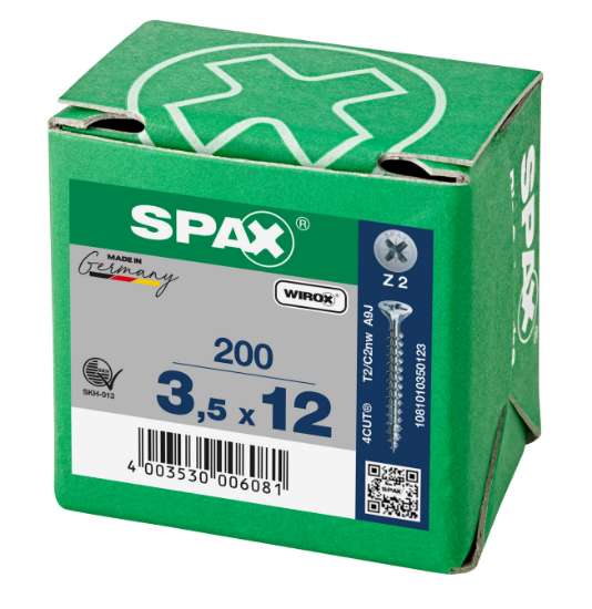 Afbeeldingen van Spax Spaanplaatschroef platverzonken kop verzinkt pozidriv 3.5x12mm (per 200 stuks)