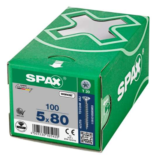Afbeeldingen van Spax Spaanplaatschroef platverzonken kop verzinkt T-Star T20 5.0x80mm (per 100 stuks)