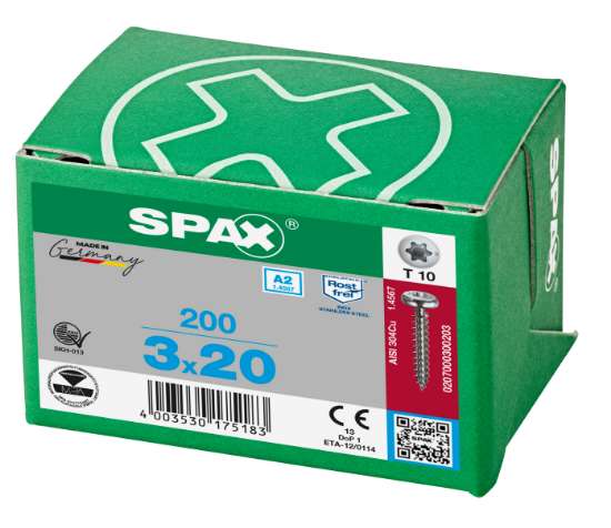 Afbeeldingen van Spax Spaanplaatschroef cilinderkop RVS T-Star T10 3.0x20mm (per 200 stuks)