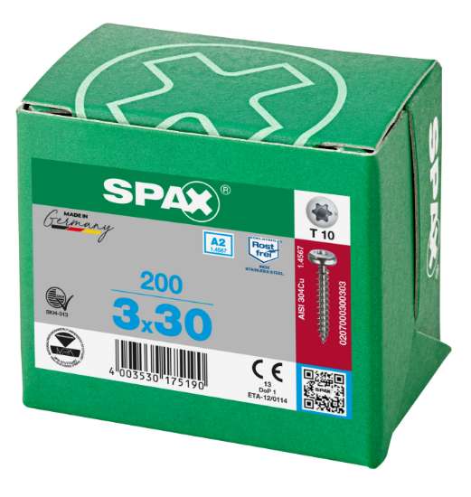 Afbeeldingen van Spax Spaanplaatschroef cilinderkop RVS T-Star T10 3.0x30mm (per 200 stuks)